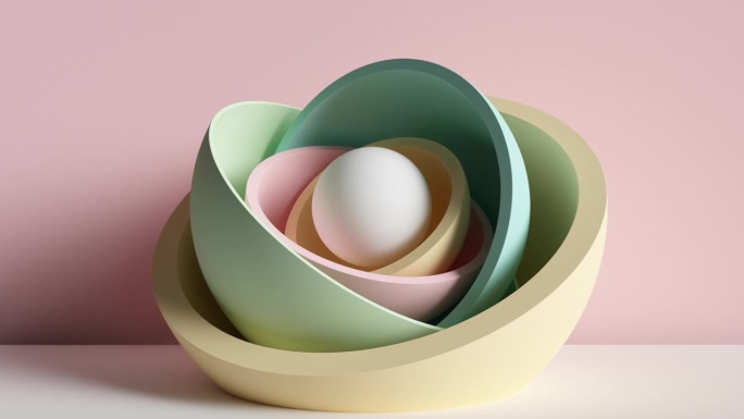 循环3d动画。抽象几何背景。白色的球隐藏在旋转和旋转的彩色半球内