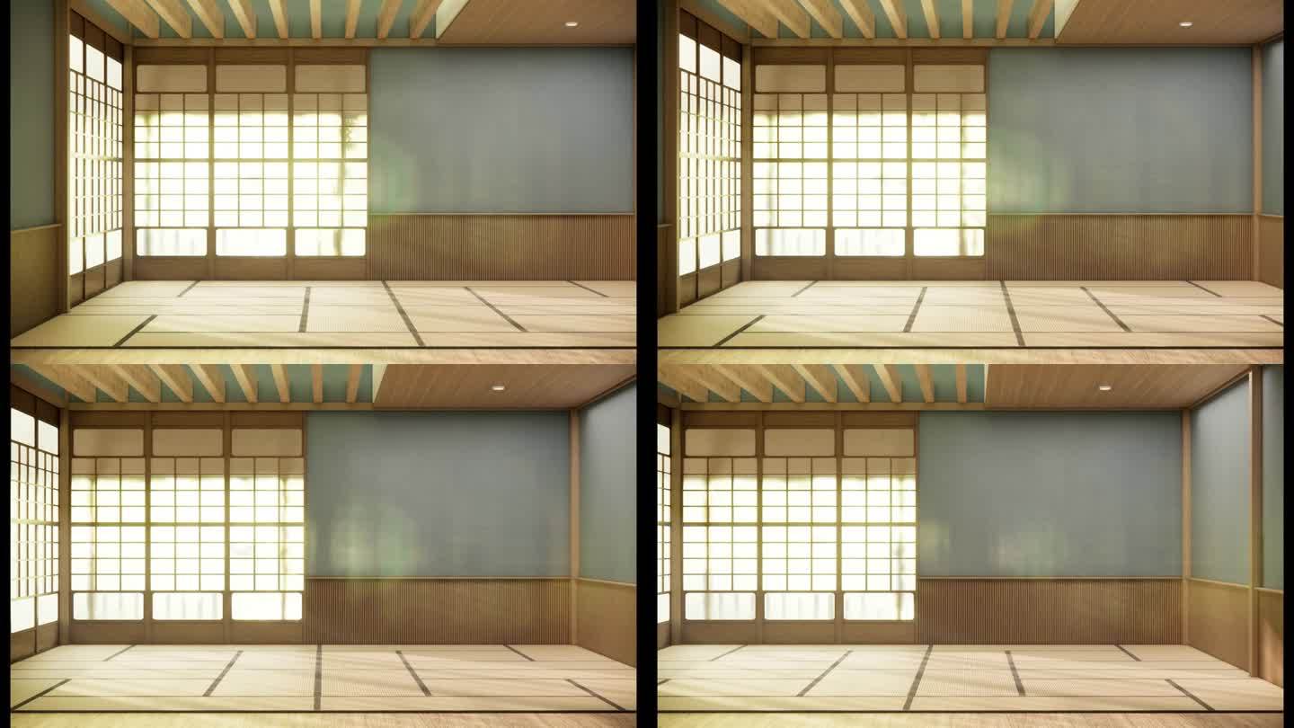 日本风格的空房间，以白墙和木板墙装饰。三维渲染