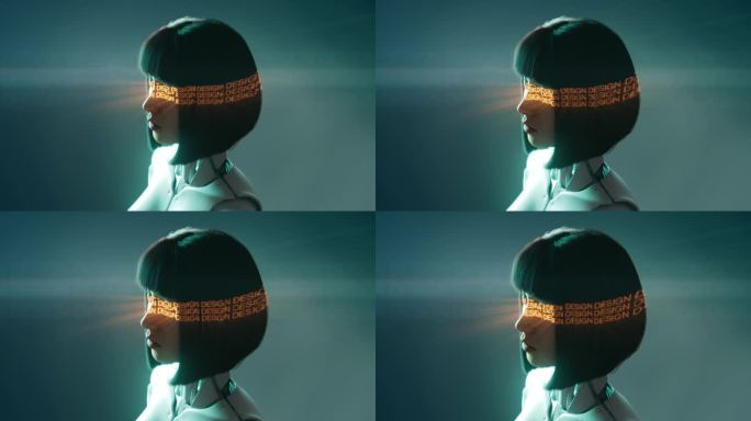 霓虹灯“设计”在半机械人女孩眼前的空气中移动