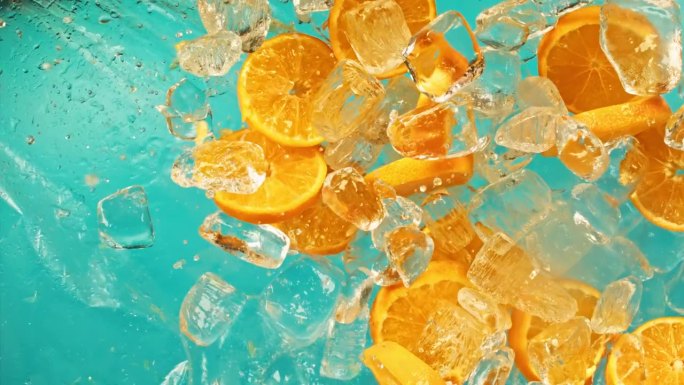 新鲜多汁的橙子和果汁，冰块和水滴飞溅倒在超级慢动作1000 fps。柑橘橙片和冰块在蓝色背景上飞或落