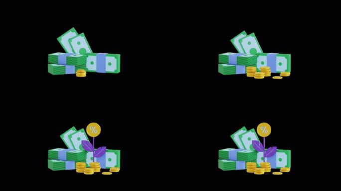 钱堆叠动画。3d渲染，ALPHA通道。美元钞票，钞票，百分比。被动收入概念，银行存款，财务增长和利润