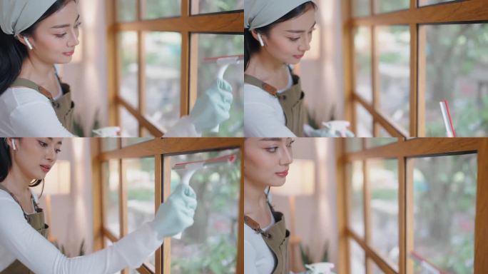 年轻的亚洲女人穿着围裙，在房子里擦窗户。有吸引力的成熟的管家清洁工喷洒酒精和擦拭凌乱肮脏的玻璃窗为家