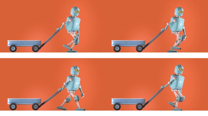 机器人卡通有趣的3D视频渲染-复古的儿童玩具迷你马车，孤立的橙色