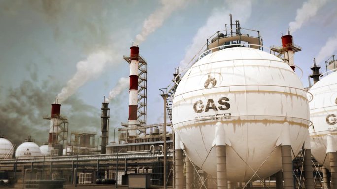 液化天然气-液化可燃天然气重型工业设施与存储，虚构的循环视频