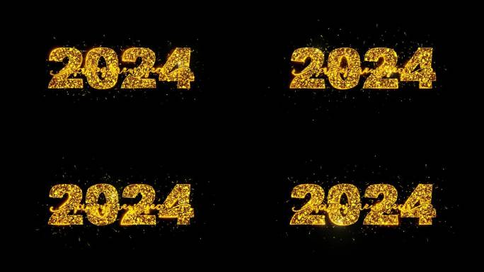 新年快乐2024祝福豪华文字金色火花闪亮烟花庆典闪耀粒子动画。