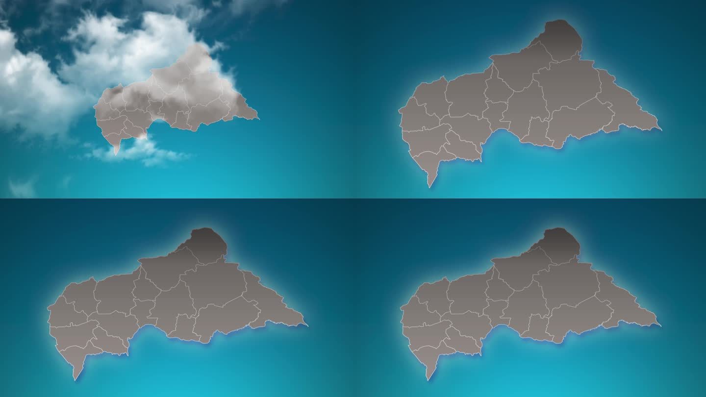中非共和国国家地图与现实的云飞过放大。相机缩放天空效果的地图。背景适合公司介绍，旅游，演讲。