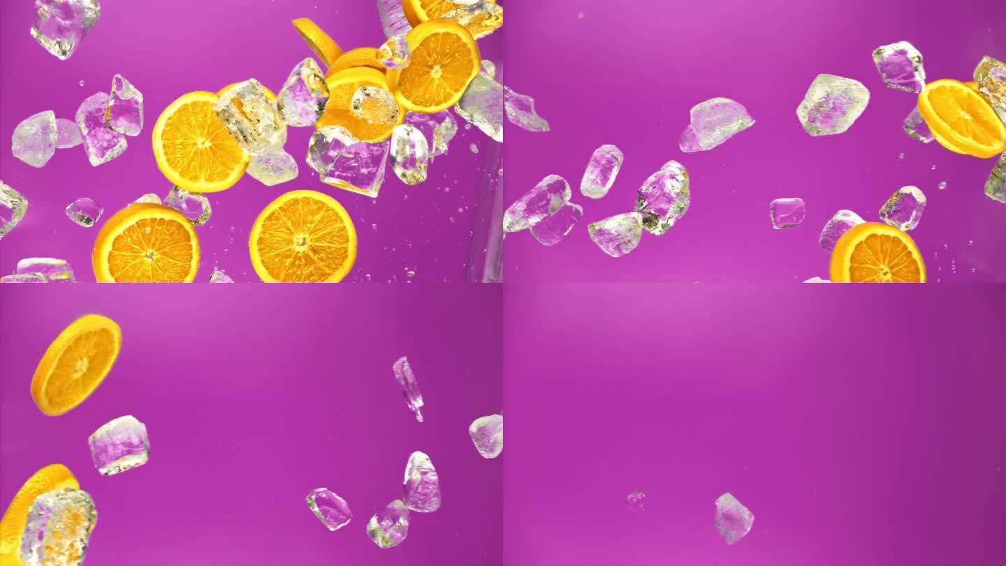 柑橘橙片和冰落或爆炸在紫色的背景在慢动作1000 fps。多汁的甜橙和飞冰块或水飞溅或倾倒果汁在10