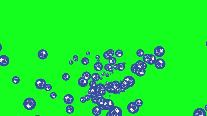 蓝色的小拇指图标洪水随机从下方弹出，朝向前方的观众方向在绿色的屏幕背景