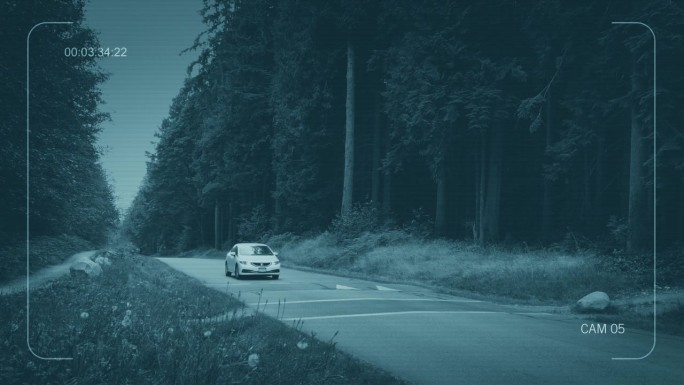 闭路电视汽车经过森林路