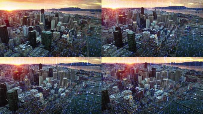 未来的智慧城市。连接旧金山的天际线。鸟瞰图。加州，美国。电路板。技术。
