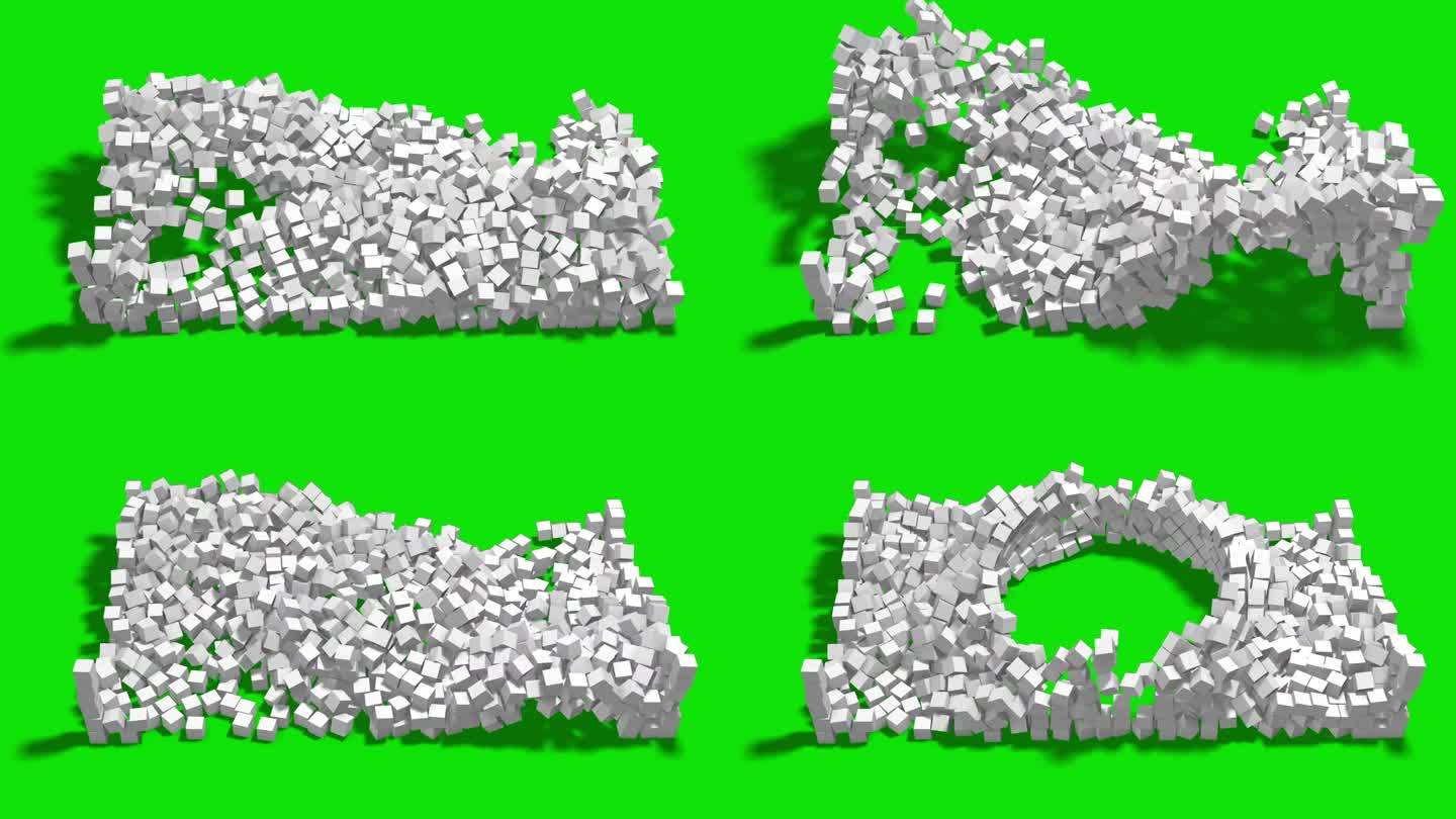 白色立方体爆炸在绿色色度键背景。4 k决议。