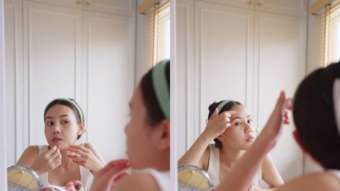 护肤呵护放松检查自我护理痤疮照镜子。