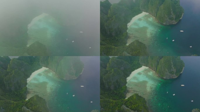 无人机从泰国玛雅海滩上空的薄云中拍摄出来。