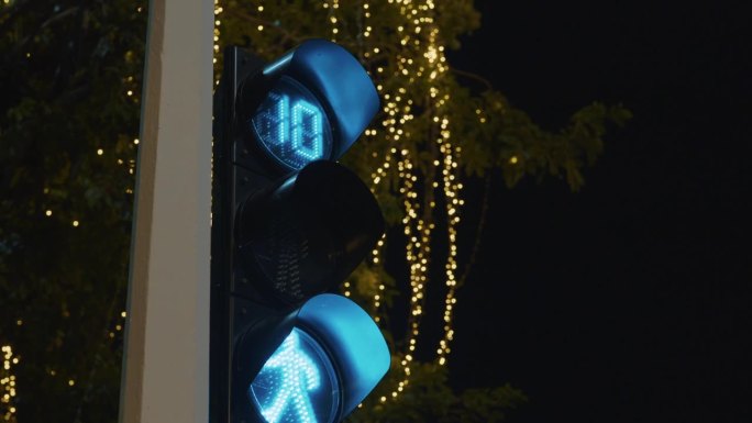 特写镜头显示一个倒计时计时器在行人过街从绿色到红色，夜间时间。