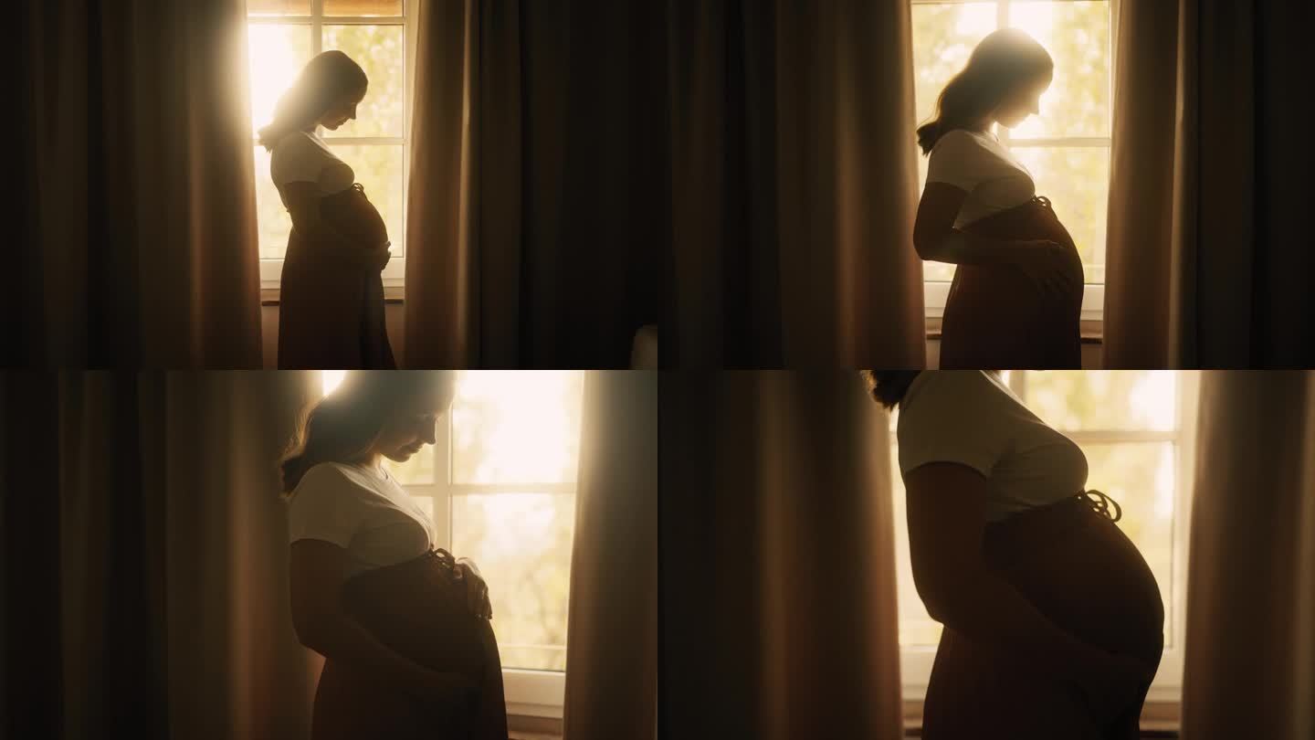 幸福的孕妇站在家里的窗户边抚摸她的肚子