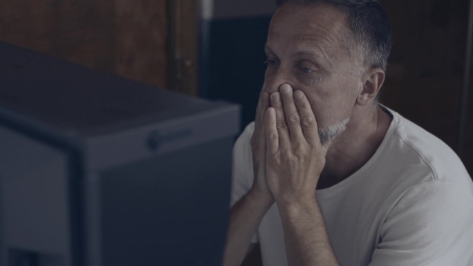 沮丧的男人独自坐在电脑屏幕前，双手捂着脸。工作倦怠