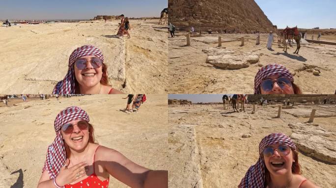 一名年轻女子在开罗吉萨金字塔前进行视频通话