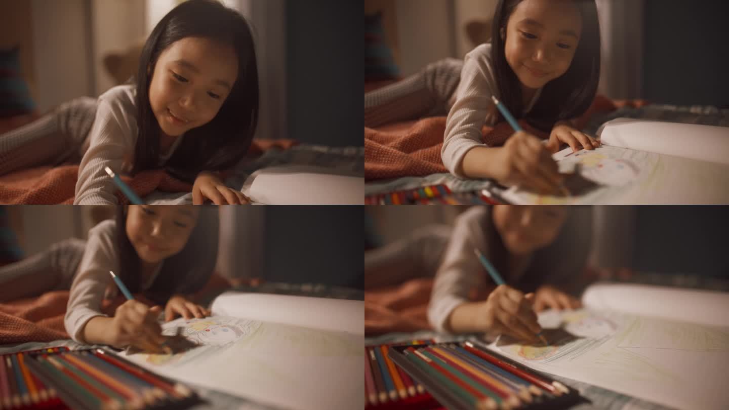 一个快乐的韩国小女孩躺在儿童卧室的床上，专注地用彩色铅笔设计她的漫画书。可爱的亚洲孩子在家里享受安静