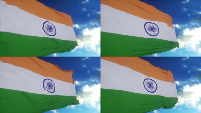 现实主义的印度国旗在深蓝的天空下迎风飘扬