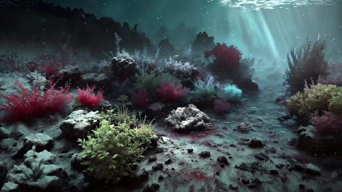 幻想黑暗的水下场景与发光的海洋生物
