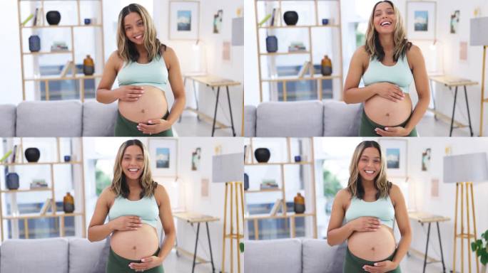 孕妇写真，腹部按摩，快乐在家带宝宝爱，支持和放松护理。客厅里的年轻女性，腹部发育，妈妈带着孕妇和怀孕