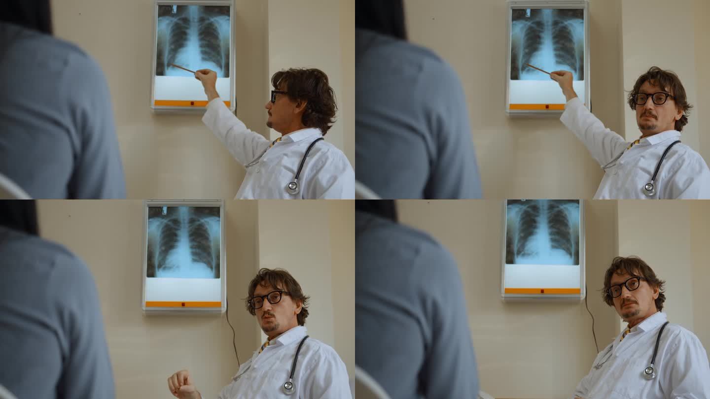 一位医学专家正在向病人解释x光片上的伤情。