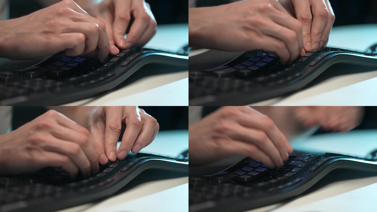 极端特写，一个无法辨认的人在清理污垢和灰尘后组装拆卸的键盘。PC用户清洗后插入键盘键。