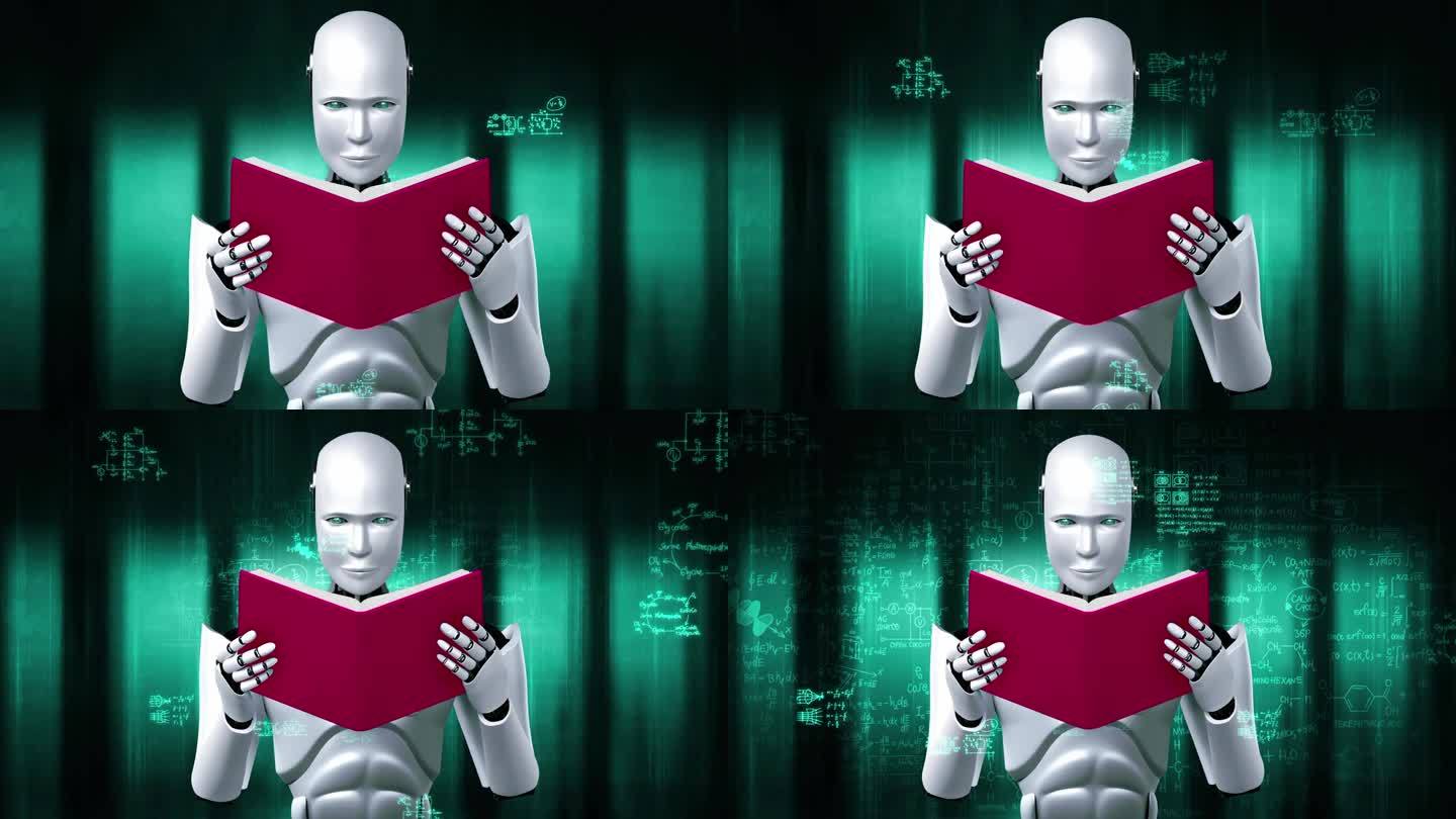 人形机器人阅读书籍和解题的三维渲染