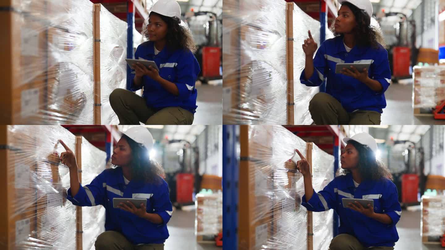 年轻的黑人女仓库工人手持数码平板电脑检查库存管理包装盒。身穿背心、头戴安全帽的非洲裔女工作人员坐在库