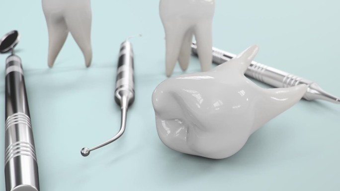 健康牙齿旋转动画。用牙齿工具牙齿。刷牙的概念，护理和预防龋齿。概念口腔护理。牙齿美白。医疗4K 3D