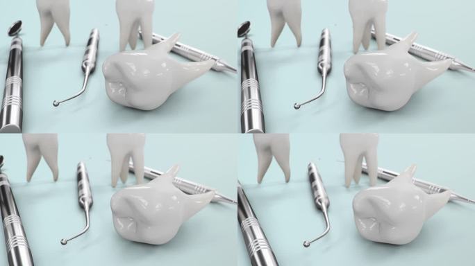 健康牙齿旋转动画。用牙齿工具牙齿。刷牙的概念，护理和预防龋齿。概念口腔护理。牙齿美白。医疗4K 3D