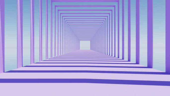 慢飞相机通过紫色的方形拱形通道的三维渲染