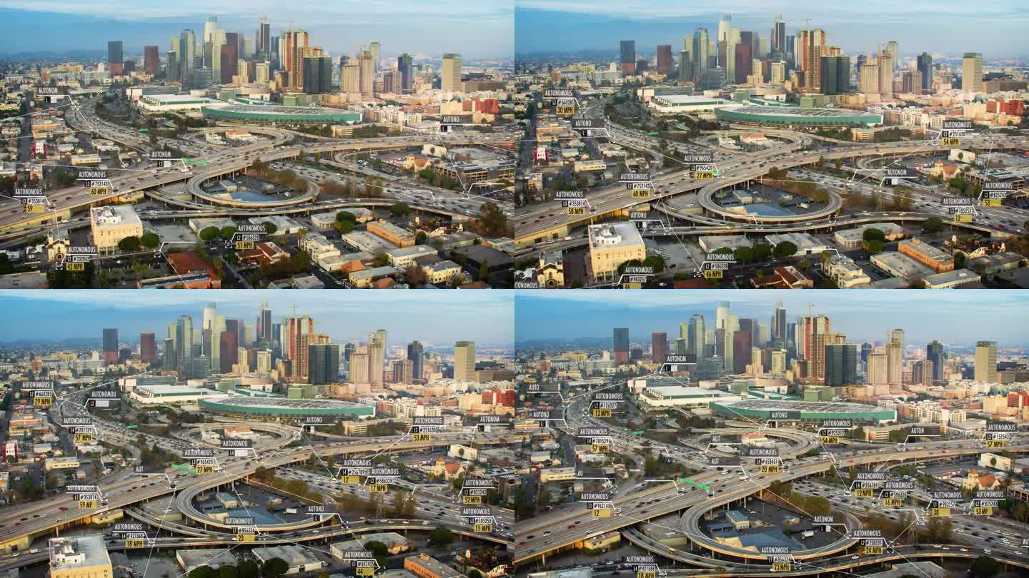 互联无人驾驶或自动驾驶汽车鸟瞰图。洛杉矶市中心的交通状况。小车和速度信息显示。未来的交通工具。物联网