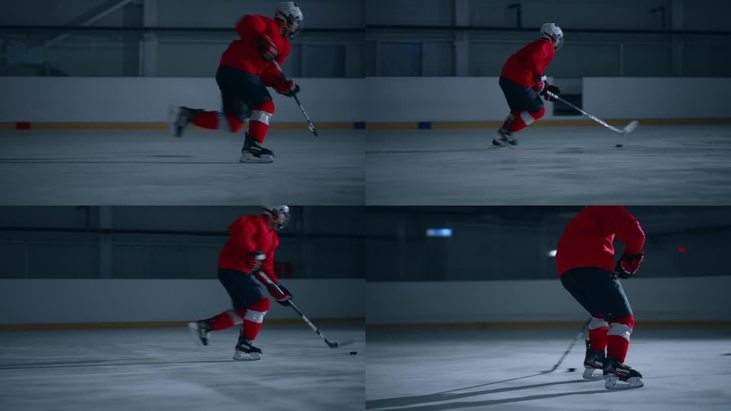 专业的冰球运动员在溜冰场上用冰球棍射击、击球和击打冰球。运动员进球与戏剧性的广角镜头和电影般的灯光。
