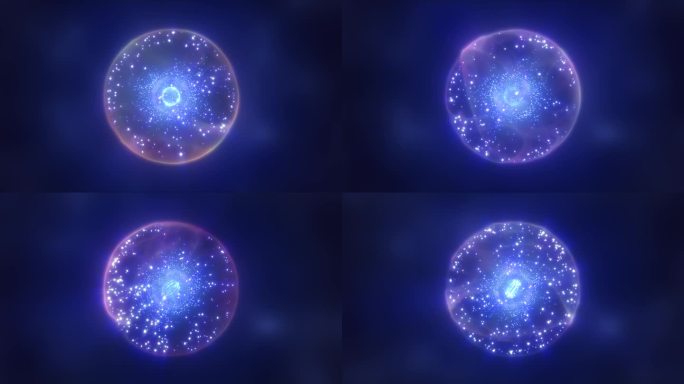 抽象的蓝色能量球与飞行发光明亮的粒子，科学的未来主义原子与电子高科技背景