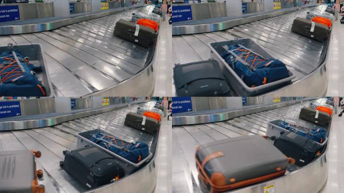 行李袋在传送带上运输，在机场航站楼的传送带上，人们在高峰时间等候