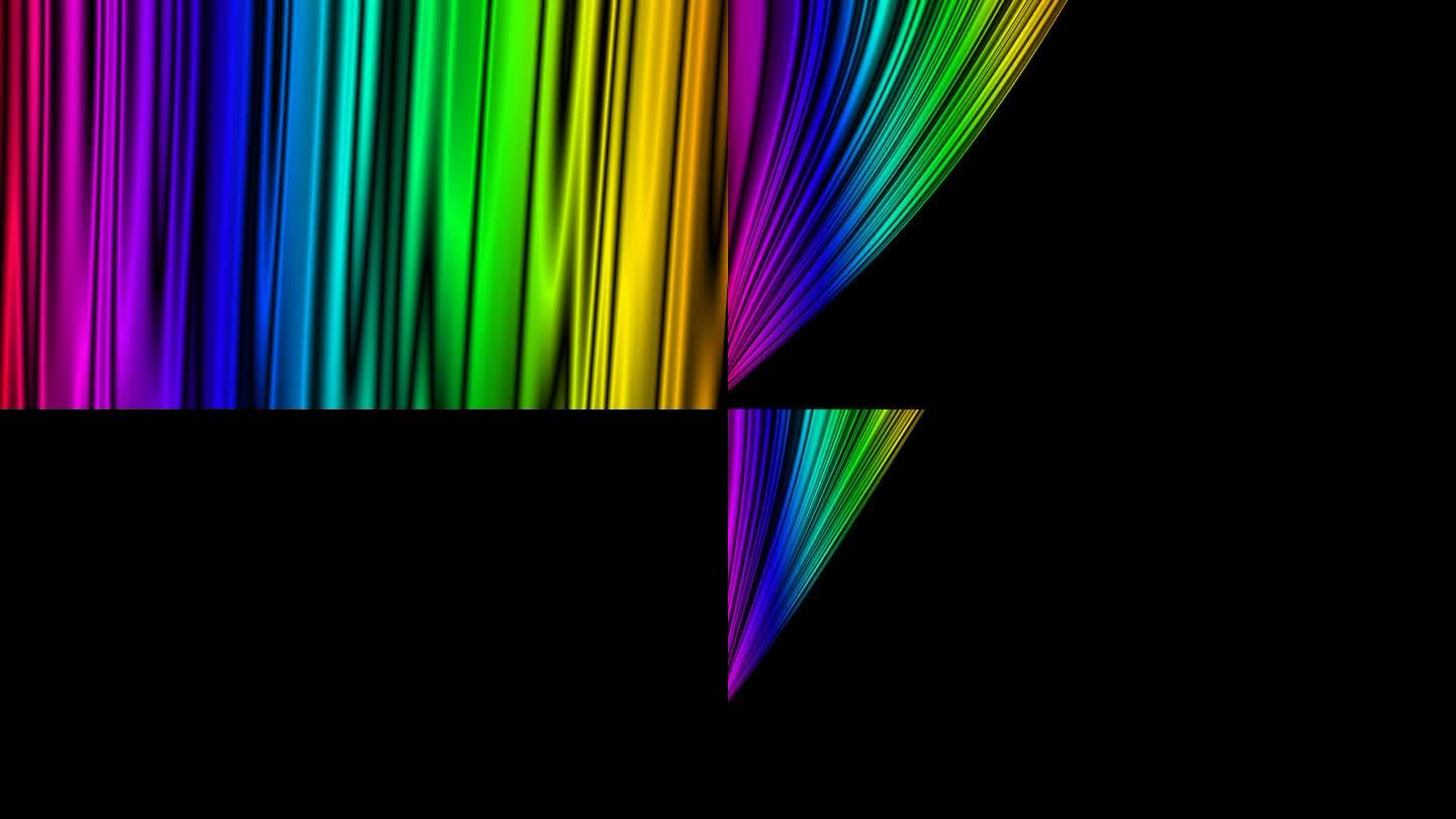 彩虹色(7色)绸缎样舞台幕布向左侧打开，带有alpha通道的动画背景材料(透明背景)