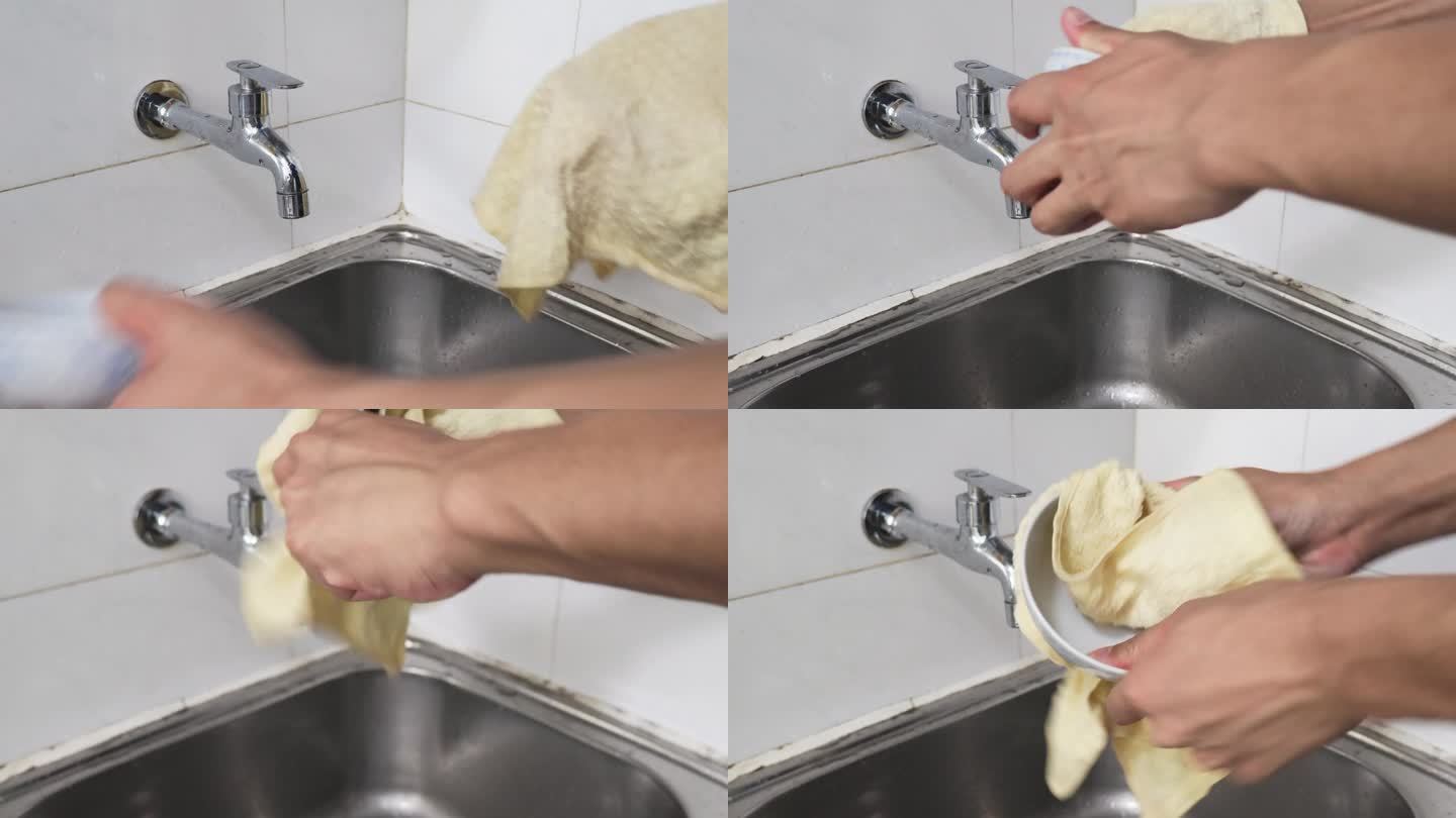 用毛巾擦干碗擦碗特写视频素材