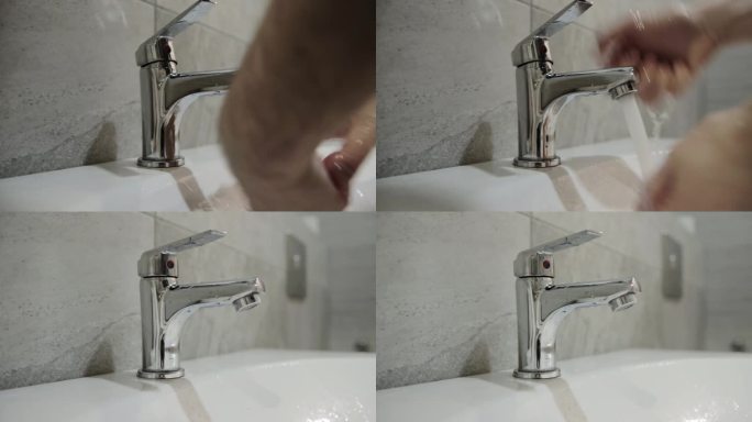 如厕后在浴室的水龙头下洗手。手卫生，预防沙门氏菌等疾病，手脏，特写