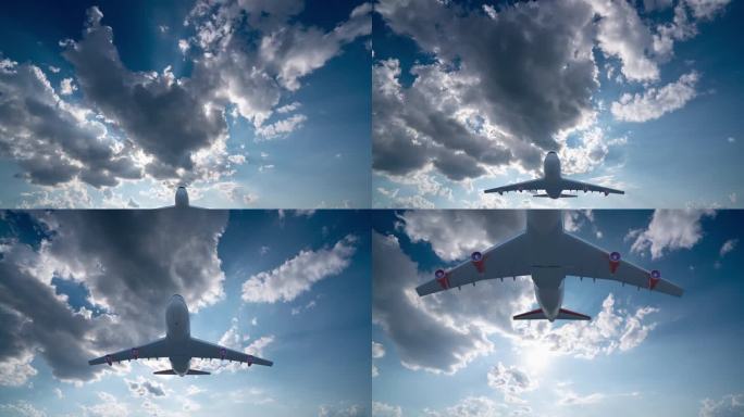 未来主义的背景，包括白色蓬松的云彩在蓝色的天空和他们的反射，视频循环的延时剪辑