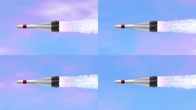 飞弹在云中的蓝天。高速火箭的超高速射弹。水平火箭和三个涡轮