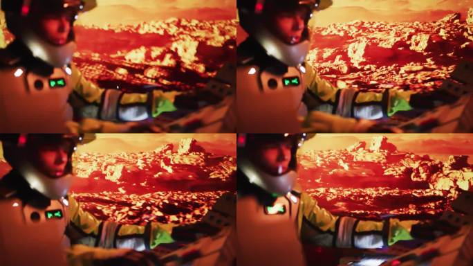 红色星球火星表面探测。宇航员火星车操作员驾驶着摇晃的火星火星车在岩石地形上行驶