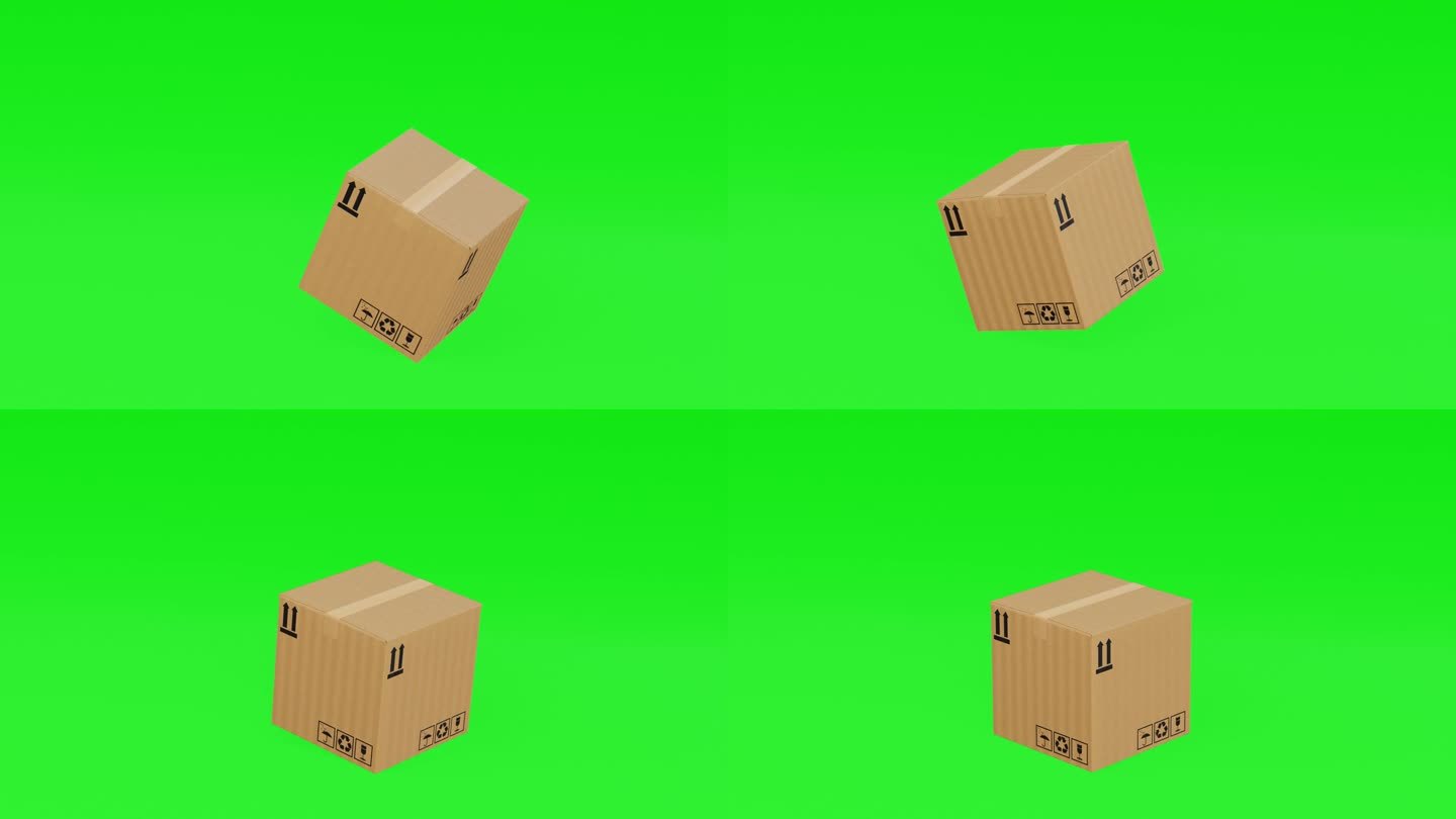3D纸板箱落在绿屏或色度键上的动画。货物物流落到坚实的地面上。全球航运和网上购物的概念。电子商务的概