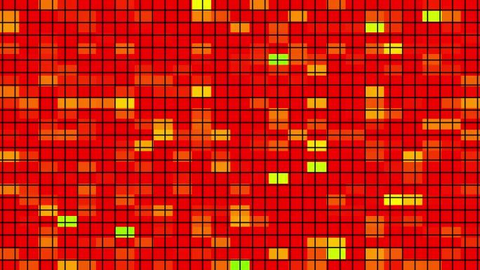 循环黄橙红像素LED数字网格灯图案动画黑色抽象背景。明亮的泛光灯闪烁着计算机技术的灯光。抽象的未来主