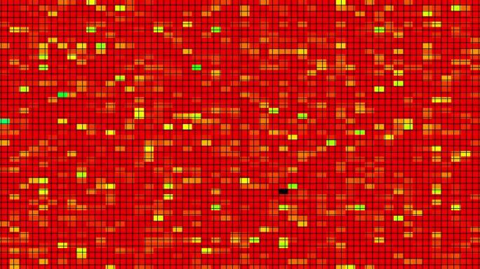 循环黄橙红像素LED数字网格灯图案动画黑色抽象背景。明亮的泛光灯闪烁着计算机技术的灯光。抽象的未来主