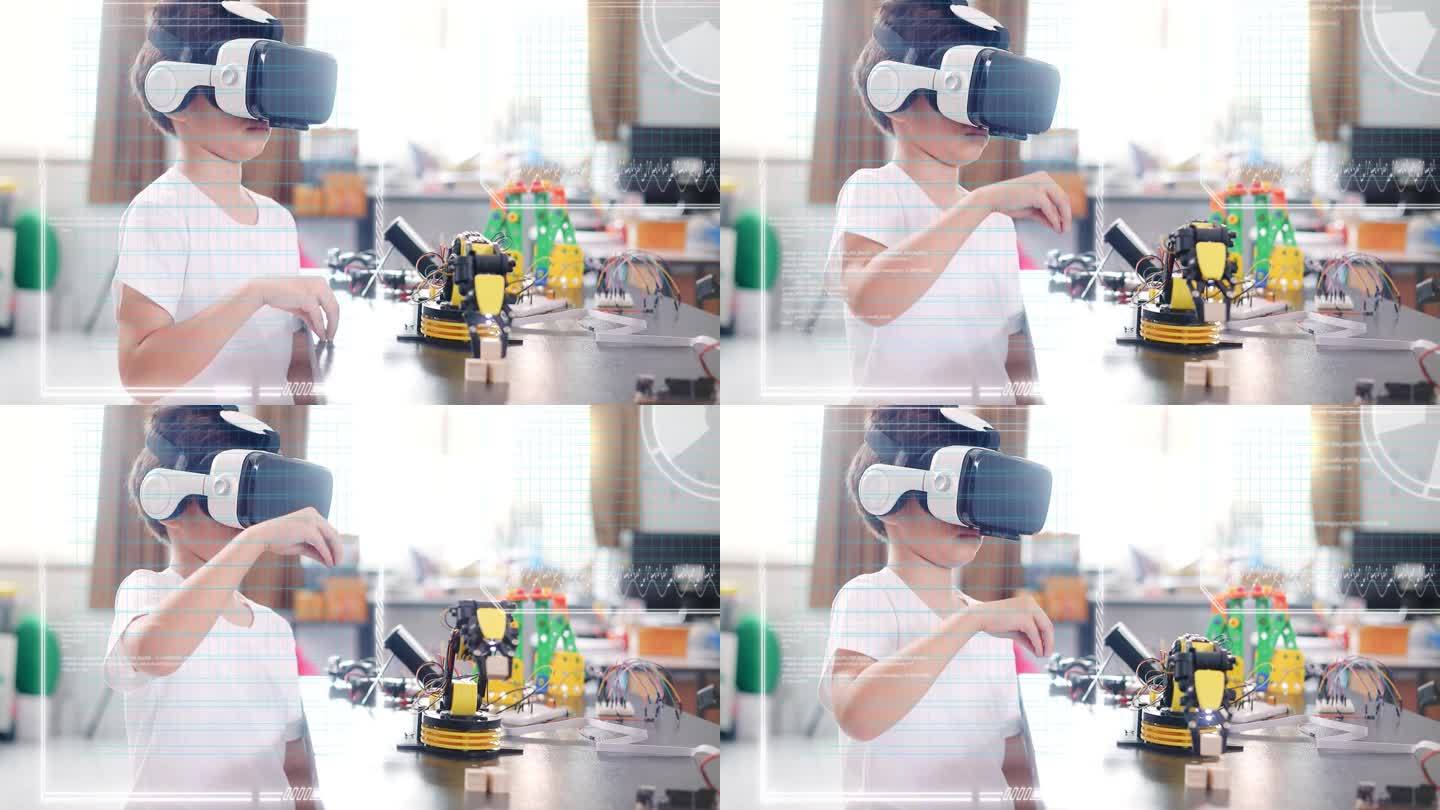 小学生学习使用虚拟现实眼镜来控制机器人。