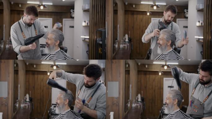 专业理发师在现代理发店为顾客梳头和使用吹风机