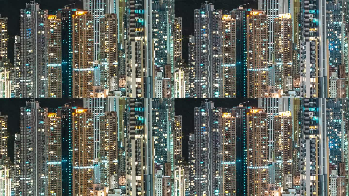 时间流逝:香港，高楼大厦，拥挤的城市，高用电量。