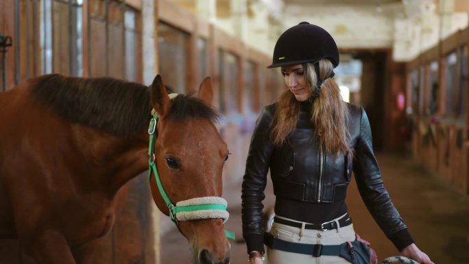 跟踪拍摄自信的年轻苗条华丽的女人走出马厩棕色优雅的马。现场摄像机跟随职业女性高加索马术与宠物在谷仓散