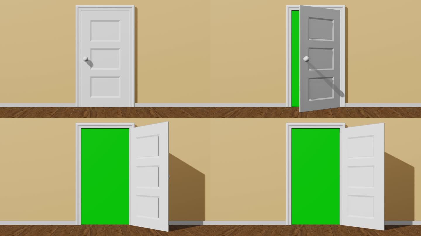 开门向内，门后绿幕，门开带绿幕传送门，4K开门绿幕动画，3D渲染